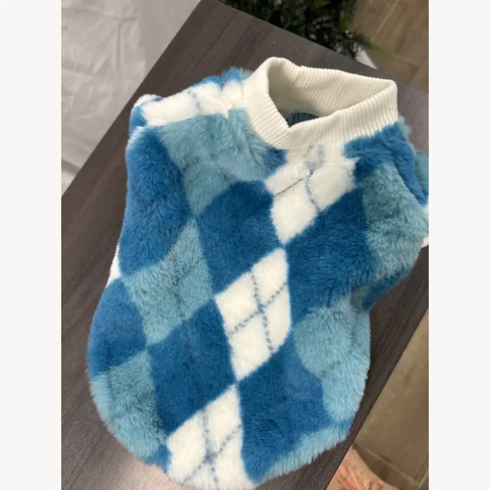 Blue White Argyle Fleece Dog Sweater Size XS Preppy Cozy Winter Small Breed